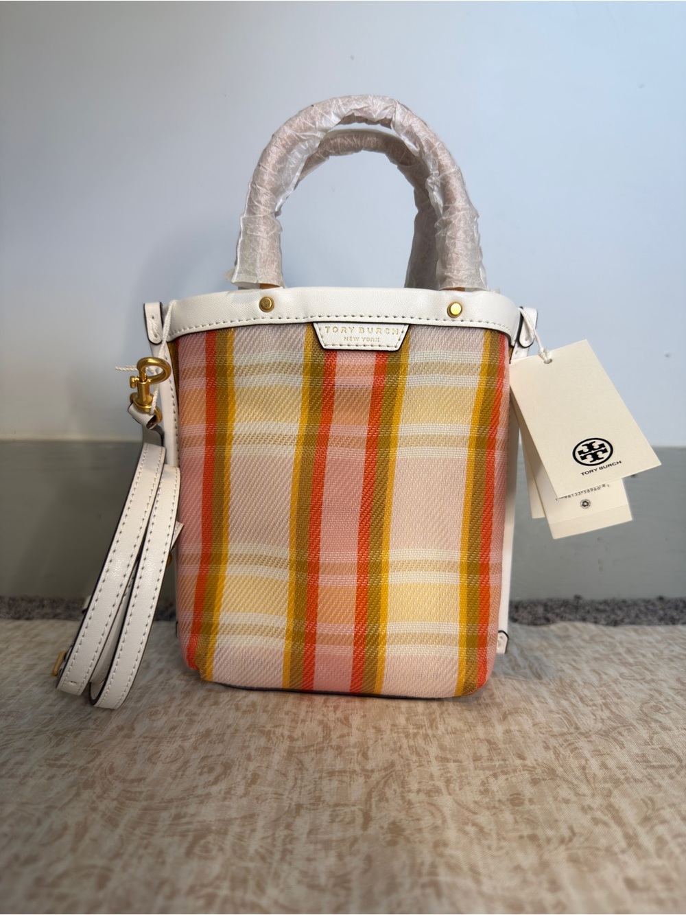 Tory Burch Mini Perry Mesh Tote Canyon Flower Plaid Crossbody NWT Rare
